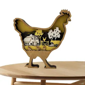 יצירתי מגולף תרנגול קישוט Hollow Multi-Layer חוות חיות גילוף בעץ עוף מלאכת יד עם אור עבור שולחן העבודה של עיצוב הבית