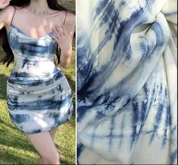 כחול לבן דיו לקשור בד צבוע הצמח צבוע Lyocell מסיבת ערב חצאית השמלה חולצה מעיל עיצוב חומר בגדים T25V37K230619B