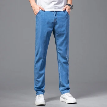 סגנון קלאסי קיץ גברים אור כחול דק Slim Fit ג 'ינס Lyocell בד עסקי אופנה למתוח מכנסי ג' ינס הגברי מותג מכנסיים
