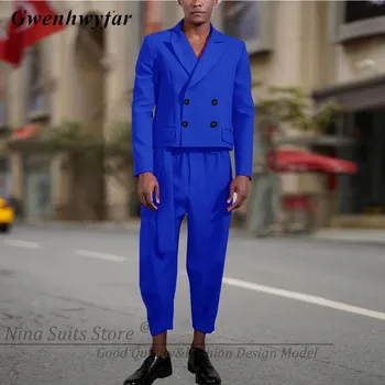 Gwenhwyfar 2023 החדש עוצב אופנה גברים מזדמנים חליפות כפול עם חזה קצר בלייזר עם שיא דש צר התחתונה, מכנסיים עם חגורה