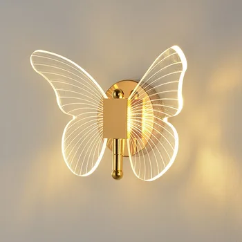פרפר מנורת קיר אור יוקרה הזהב מנורת קיר יצירתי נורדי המלון ליד המיטה בחדר השינה טלוויזיה קיר טריקולור LED אור עיצוב Luces