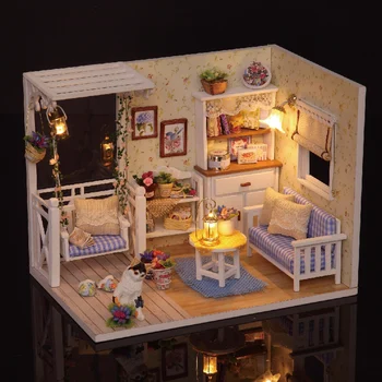 בית בובות מיניאטורי ריהוט עץ צעצוע DIY בית בובות מיניאטורי חדר חמוד חתול בית בובות מתנת יום הולדת צעצועים לילדים