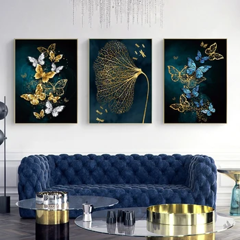 מודרני פשוט אופנה כחול זהב פרפר בד ציור קיר אמנות תמונות כרזות אסתטיות פנים סלון עיצוב הבית