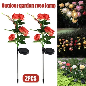 2PCS LED סולארית פרח אורות מציאותיים רוז פרחים אורות תאורת נוף האור חצר פטיו הדשא