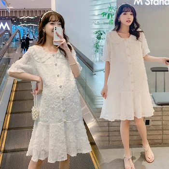 3959 הקיץ אופנה קוריאנית לידה שמלת חרוזים קפלים קו בגדים רפויים לנשים בהריון מתוק בגדי הריון