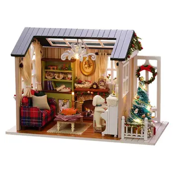 בית בובות מיניאטורי קיט רומנטי וחמוד בית בובות מיניאטורי DIY בית קיט מיני חג המולד בובה הבית עם רהיטים ואביזרים