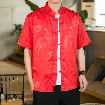 גברים חולצה מנדרין צווארון שרוול קצר בקיץ Oversize 5XL בתוספת גודל גברים רשמי שחור לבן אדום השנה הסינית החדשה בגדי רטרו
