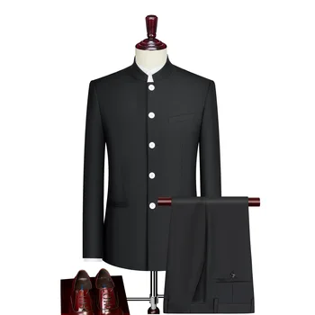 אלגנטי, חליפה לגברים אופנה בסגנון סיני לעמוד צוואר שחור אפור החתן שמלת החתונה זכר מאו חליפה 2 ערכות קטע בלייזר, מכנסיים