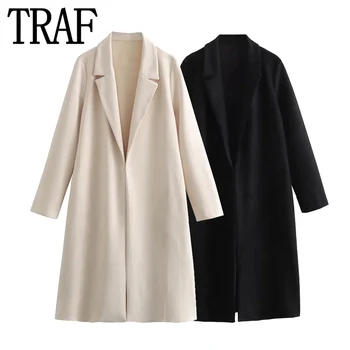 TRAF 2023 זמש דמוית זמן נשים מעיל ארוך שרוול סוודר אישה סתיו חורף בז ' קט שחור נשים אלגנטי נשים של מעיל