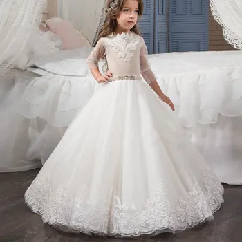 תחרה, פרח ילדה שמלות חתונה אפליקציות לבן קשת פאייטים כדור שמלת ההתייחדות הראשונה שמלת מסיבת