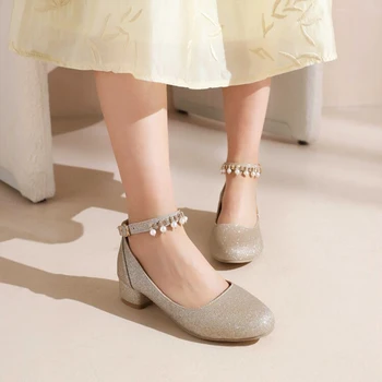 2023 חדשה ילדים נעלי עור אופנה פרל ציצית עקבים גבוהים ביצועים להראות נצנצים קריסטל בנות הנסיכה נעליים
