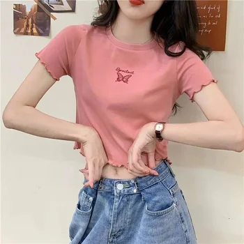 הקיץ גבוהה המותניים סקסי טבור קצר חולצת נשים קוריאנית סלים חולצות אופנה מתוק שרוול קצר חולצת טי יבול מקסימום נקבה בגדים