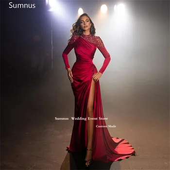 Sumnus אדום בתולת ים שמלות נשף נצנצים או צוואר ארוך שרוולים סאטן גבוה הרגל שסף שמלות ערב שמלות לאירועים מיוחדים 2023