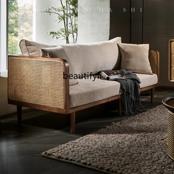 נורדי עץ מלא קש ספה שילוב מיטה & ארוחת בוקר פנאי בשקט בסלון בסגנון דירה קטנה אחת תלת מושב