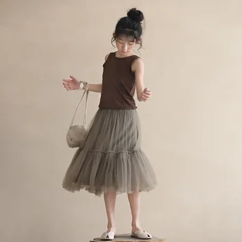 נער בנות חצאית 2023 הקיץ האופנתית החדשה Mesh גזה חוש עיצוב מוצק צבע הנסיכה המתוקה בנות מקרית פשוטה חצאית