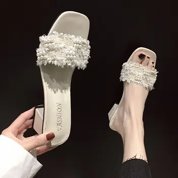 הקיץ 2023 גבישים לבנים נעליים Rhenstone שקופיות העבודה תכשיטים של נשים ונעלי בית, נשים עם סנדלים גבוהים עד 5 ס 
