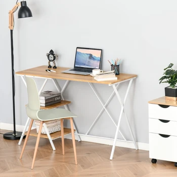 המחשב המודרני שולחן עם מדפים, עץ מלא את שולחן הכתיבה עם 2 קומות מדפי אחסון למשרד הביתי מחקר שולחן שולחן שולחן עבודה