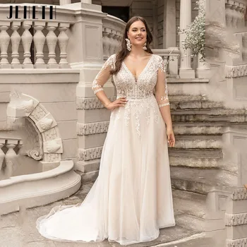 JEHETH אלגנטי Oversize שמלות חתונה עבור נשים שלושת רבעי השרוולים V צוואר שמלות כלה טול אפליקציה vestidos דה נוביה