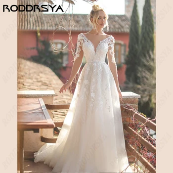 RODDRSYA V-צוואר שמלות כלה לנשים 3/4 שרוולים תחרה שמלות כלה חשופת גב. קו Vestidos דה Noiva אפליקציה מותאמת אישית