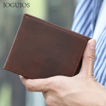 JOGUJOS וינטג ' סוס משוגע עור גברים ארנק בעל כרטיס האשראי בארנק RFID נהג רישיון צילום התיק מזדמן קצר הארנק