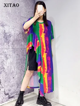 XITAO סימטרית קפלים O-צוואר סוודר שמלת ניגודיות צבע סוודר נשים 2023 הקיץ החדש משוחרר מגמה השמלה WLD16495