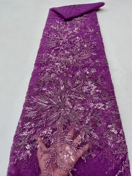 חרוזים תחרה בד 2023 עבור שמלת החתונה הצרפתית נצנצים טול רשת יוקרה כבד בעבודת יד חרוזי קריסטל אדום דובאי כלה 5Yards