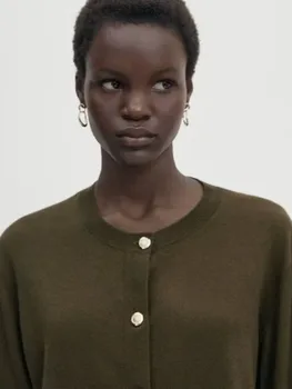 נשים 2023 סתיו אופנה חדשה כל-התאמה סרוגים ' קט רטרו שרוול ארוך שיק צוואר עגול מזדמן הכפתור העליון Mujer