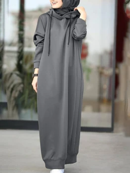 המוסלמים השמלה נשים הסווטשרט להתלבש אופנתי קפוצ ' ונים שרוול ארוך מקסי שמלה נשית מקרית מוצק עם ברדס Vestidos החלוק S-3XL