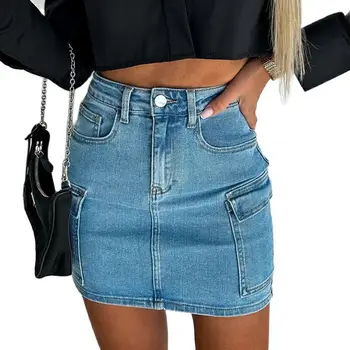 2023 חדש אופנת רחוב ג 'ינס חצאית נשים קיץ שטף חצאיות ג' ינס אופנה נשית כיס Slim סקסי נדן שמלות קצרות בציר הכחול.