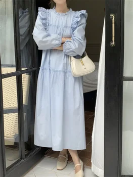 זר קיטי קפלים נשים טיסה שרוול ישר שמלת סתיו שיק מוצק עדין 2023 מינימליסטי משרד ליידי סלים מקרית חדש