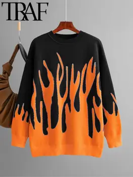 TRAF אופנה חדשה להבה תבנית נשים סוודר רופף 2023 חורף ארוך שרוול לסרוג מגשר Pullovers Oversize נקבה העליונה.