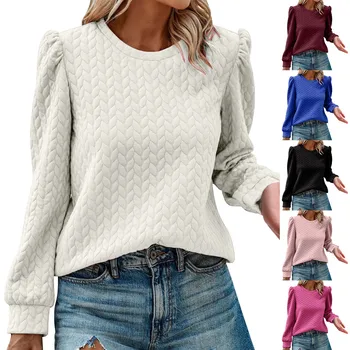 נשים פאף שרוול ארוך חולצות Crewneck סוודר רופף לכל היותר