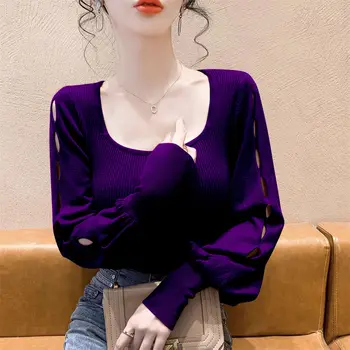 Pullovers שרוול ארוך O-צוואר מוצק צבע סוודרים חלול החוצה רופף אופנה מזדמן אופי מתוק נשים בגדים 2023 חדש