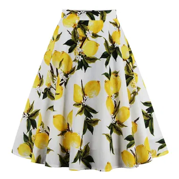 נשים כותנה הדפסה חצאיות צהוב לימון מודפס גבוהה המותניים-50 סווינג מידי חצאיות נקבה 