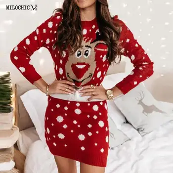 נשים חורף שמלת סוודר שרוול ארוך אייל אקארד סריגים שמלת מיני מזדמן בסגנון חג המולד Slim Fit צוואר צוות דיילי תלבושת