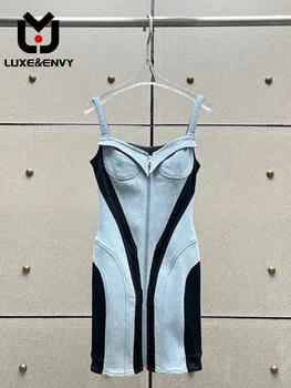 לוקס&מקנא חוש עיצוב ג ' ינס תפירת הרצועה השמלה 2023 קיץ חדש רזה סקסית מתאים שרוולים המותניים למעלה השמלה