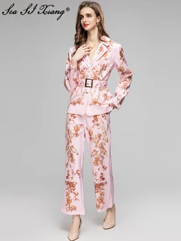 Seasixiang מעצב אופנה סתיו הדפסה חליפת נשים חגורה אחת עם חזה ג ' קט+כיסים רחב הרגל המכנסיים משרד ליידי 2 חתיכות להגדיר