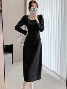 2023 שחור שרוול ארוך שיק יהלומים Midi שמלה נשים קוריאני משובח הפבורן שמלה לנשף הסתיו חורף יוקרה אלגנטית שמלה למסיבת
