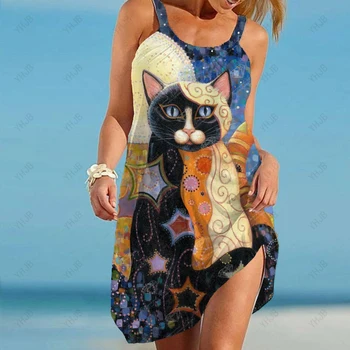 נשים שמלת מיני ללא שרוולים חתול הדפסה נשים שמלת צוואר עגול Beachwear קפלים חופשי ללא משענת שמלת החוף נקבה בגדים