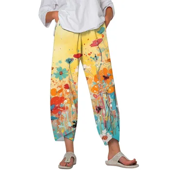 נשים Capris מכנסי קיץ פרחוני הדפסה כותנה פשתן הרמון מכנסיים עם כיסים אלסטיים גבוהה המותניים חופשי מזדמן רחב הרגל מכנסיים