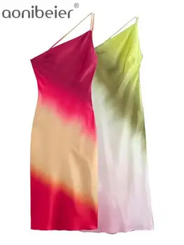 Aonibeier דק עניבה סאטן צבע הדפסה נשים Midi שמלה Traf 2023 הקיץ ללא שרוולים מחשוף גב כתף אחת הנשי אסימטרי שמלות