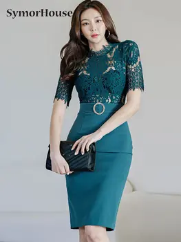 2023, קיץ, סתיו, אלגנטי תחרה טלאים עיפרון שמלת נשים קוריאני שיק סלים מקרית המשרד שמלות ערב פשוט סדרה Vestidos
