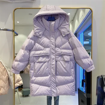אמצע אורך מזדמנים עם ברדס המעיל סתיו חורף נשים קוריאני חם והברדסים חופשי שרוול ארוך לבנים להתכופף קר-הוכחה מעיל