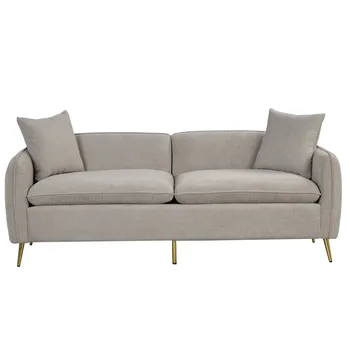 Euroco מרופדים קטיפה ספה עם משענת יד כיסים, 3-מושב הספה עם 2 כריות, זהב רגלי מתכת, אפור, 77.5