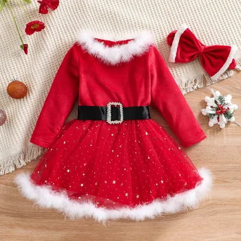 חג המולד 0-6Yrs ילדים בנות פרווה צוואר שמלת כותנה שרוול ארוך רשת השמלה עם חגורת סתיו ילדים בנות נצנצים בגדים תלבושות