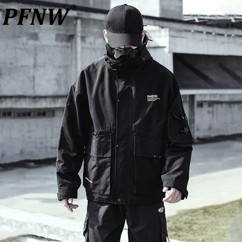 PFNW Techwear גברים כהה בסגנון מטען מעיל עם ברדס מוצק רופף לכל היותר סתיו Trendfunctional מעיל רוח זכר Windproof הקפוצ ' ון.