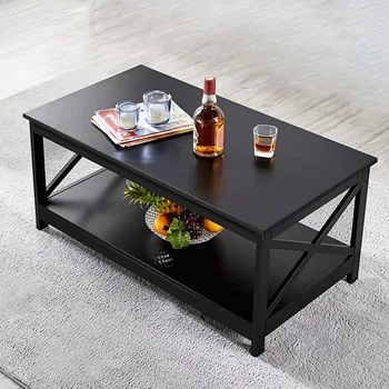 שולחן קפה לסלון ריהוט לשולחן עם אחסון מדף נירוסטה שולחן שולחן תה שחור