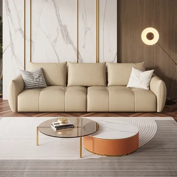 איטלקי בהיר עור יוקרתי, ספה מודרנית קרם פשוט סגנון הסלון ישר שורה עור אמנות הספה