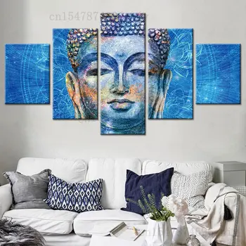 5 לוח באיכות גבוהה רקע כחול אבן בודהה ציור מודולרי Cuadros קיר עיצוב חדר קישוט אסתטי תמונות קנבס