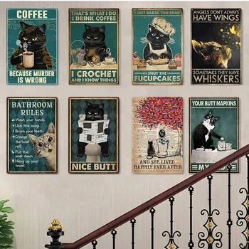 מצחיק חתול שחור בד ציור הפוסטר ציור קיר בעיצוב וינטג ' על קפה, בר, פאב הביתה בירה קישוט מלאכות מתנת כיף